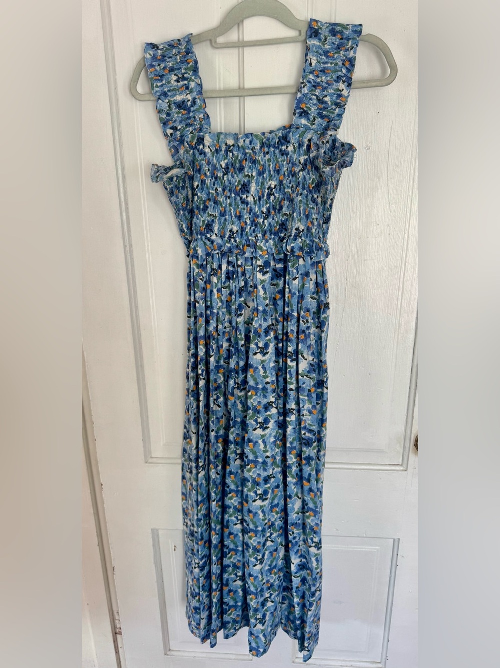 Smocked Blue Floral Midi Dress with Ruffle Straps